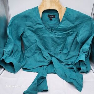 Karen Kane Teal Linen Blend Tie Front V Neck Long Sleeve Blouse Top S